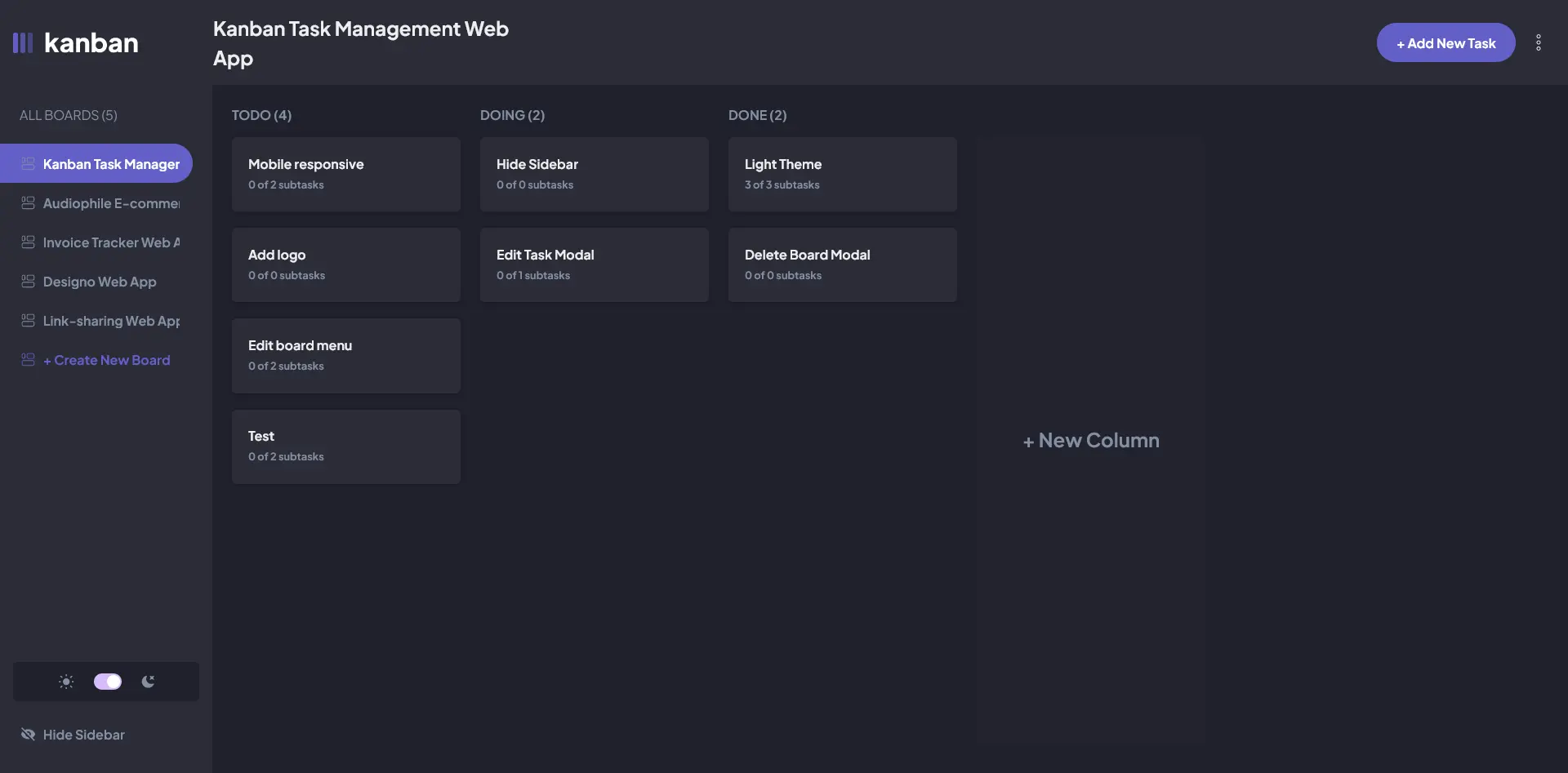 Kanban task management app board